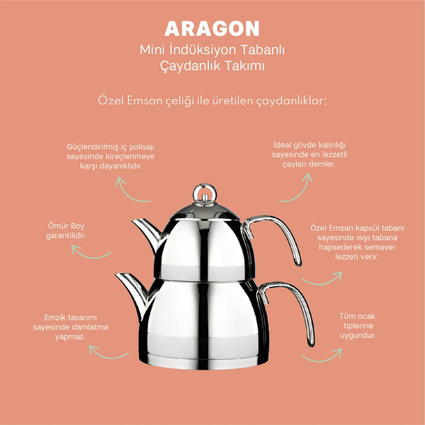 Emsan Aragon Mini İndüksiyon Tabanlı Paslanmaz Çelik Çaydanlık