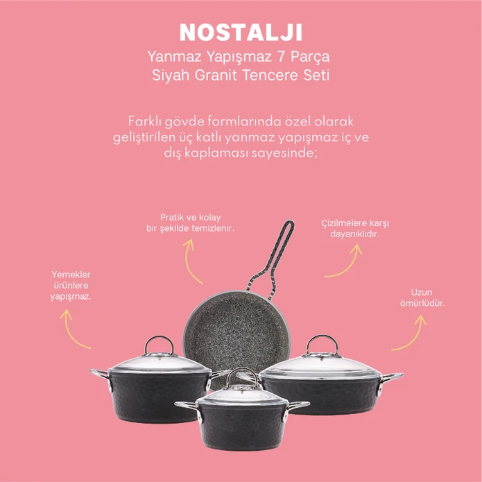 Emsan Nostalji 7 Parça Granit Tencere Seti Siyah