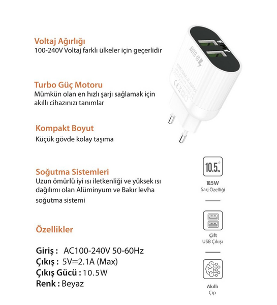 LDNIO 2.1A Çift USB Şarj Cihazı A202